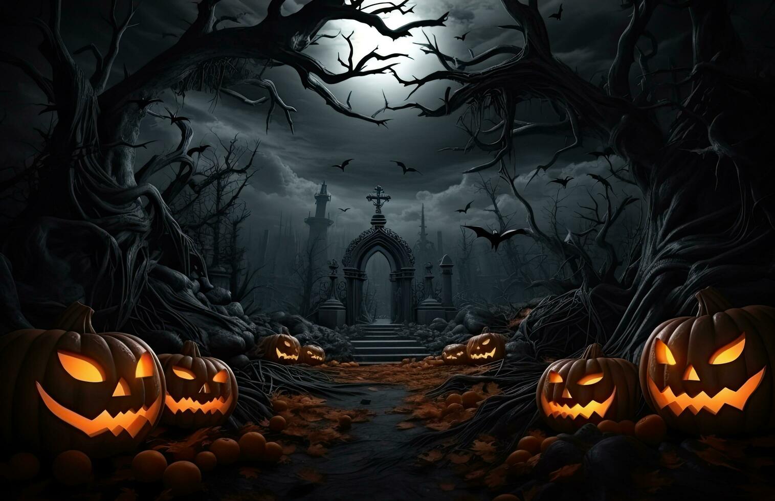 Front Page -Forum Novelties Shop spooky background for halloween with twisted trees jack o lanterns and bats flying in the sky free photo